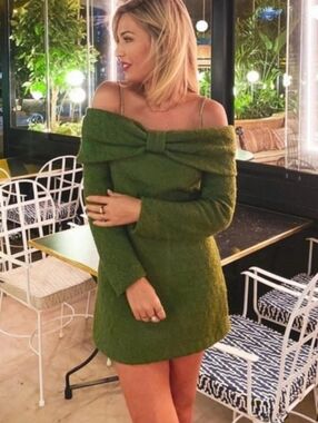 Nwot ZARA Olive Green Off Shoulder Bow Textured Mini Dress w/Gold Chain Straps